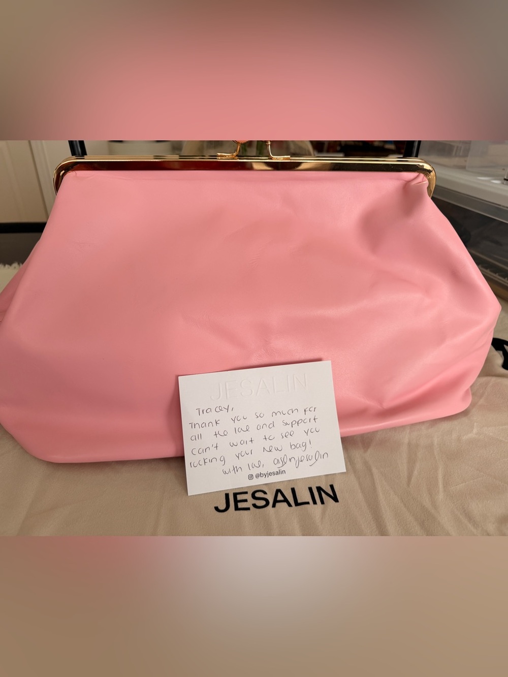 NWT Jesalin Sette Oversized Kisslock Clutch - Light Pink Leather